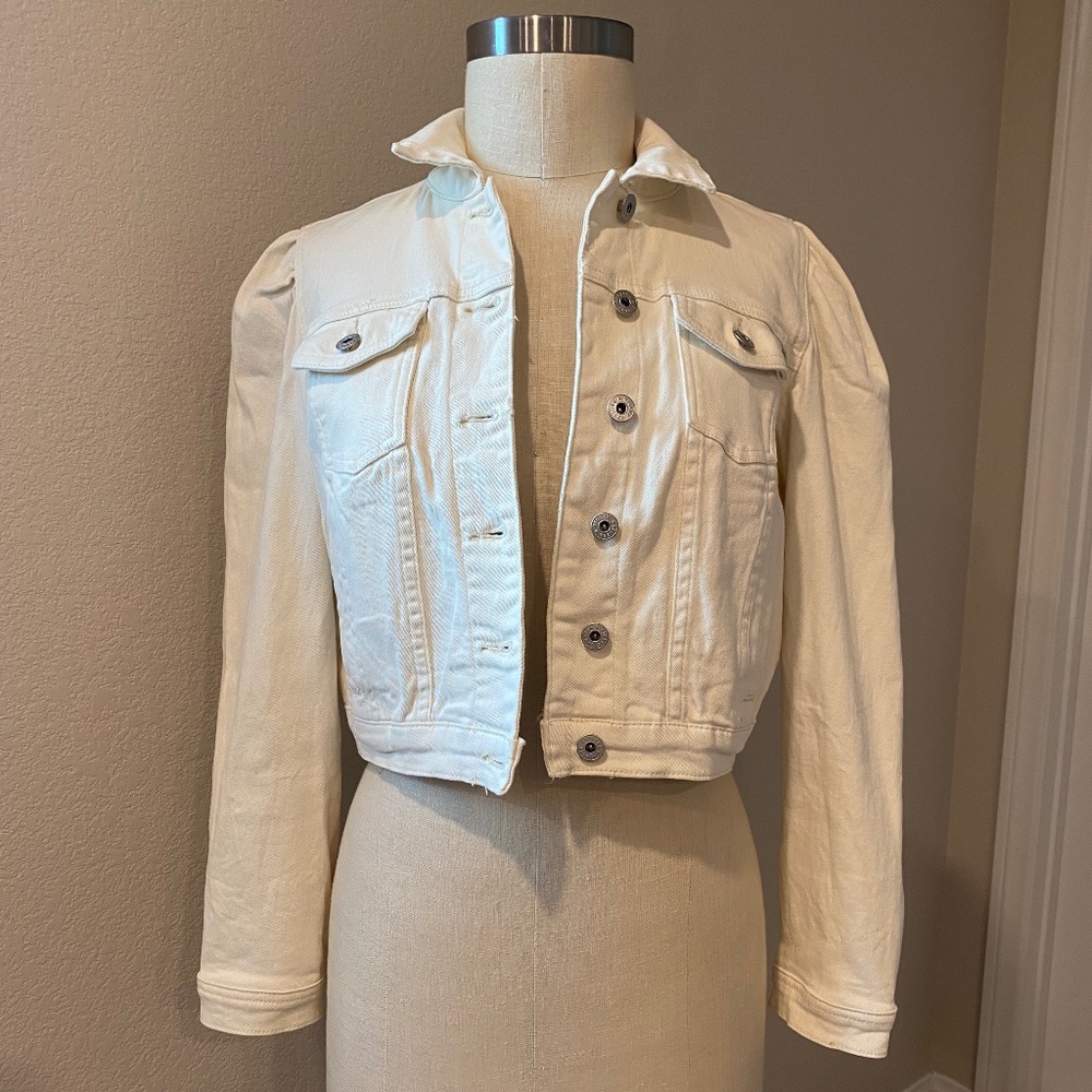 Chelsea & Violet Ivory Puff Sleeve Denim Jacket